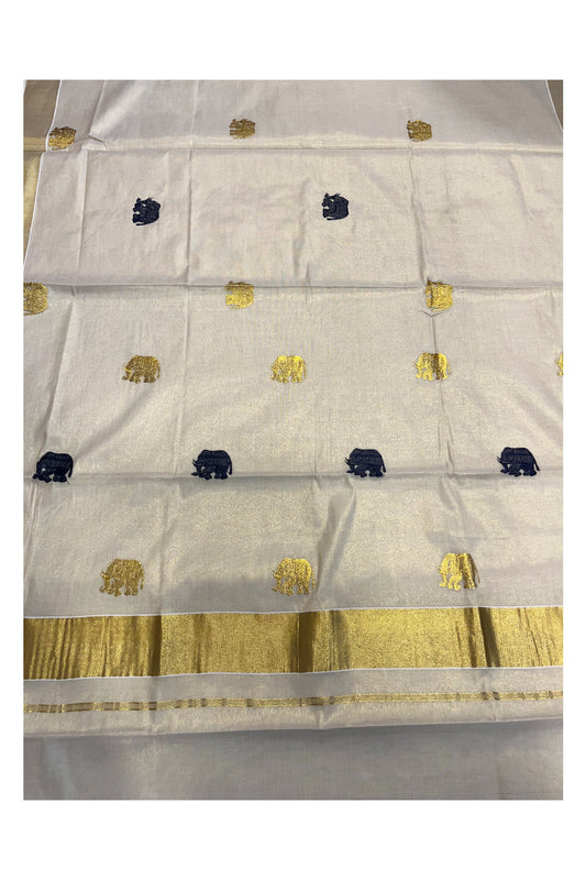 Kerala Tissue Kasavu Lines Saree with Golden And Black Elephant Embroidery Works