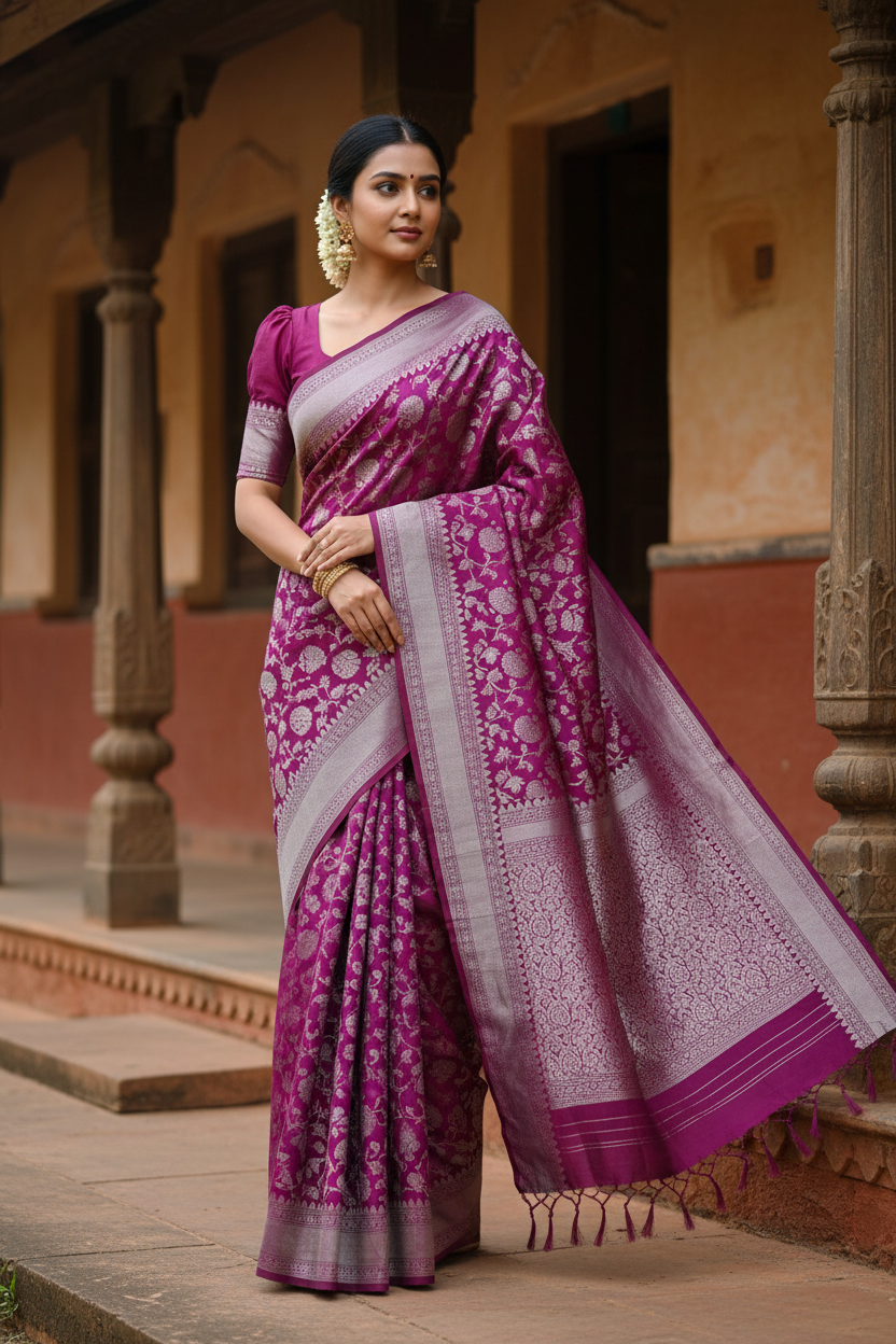 Southloom Pure Banarasi Silk Saree with Woven Work on Body and Borders (Magenta)