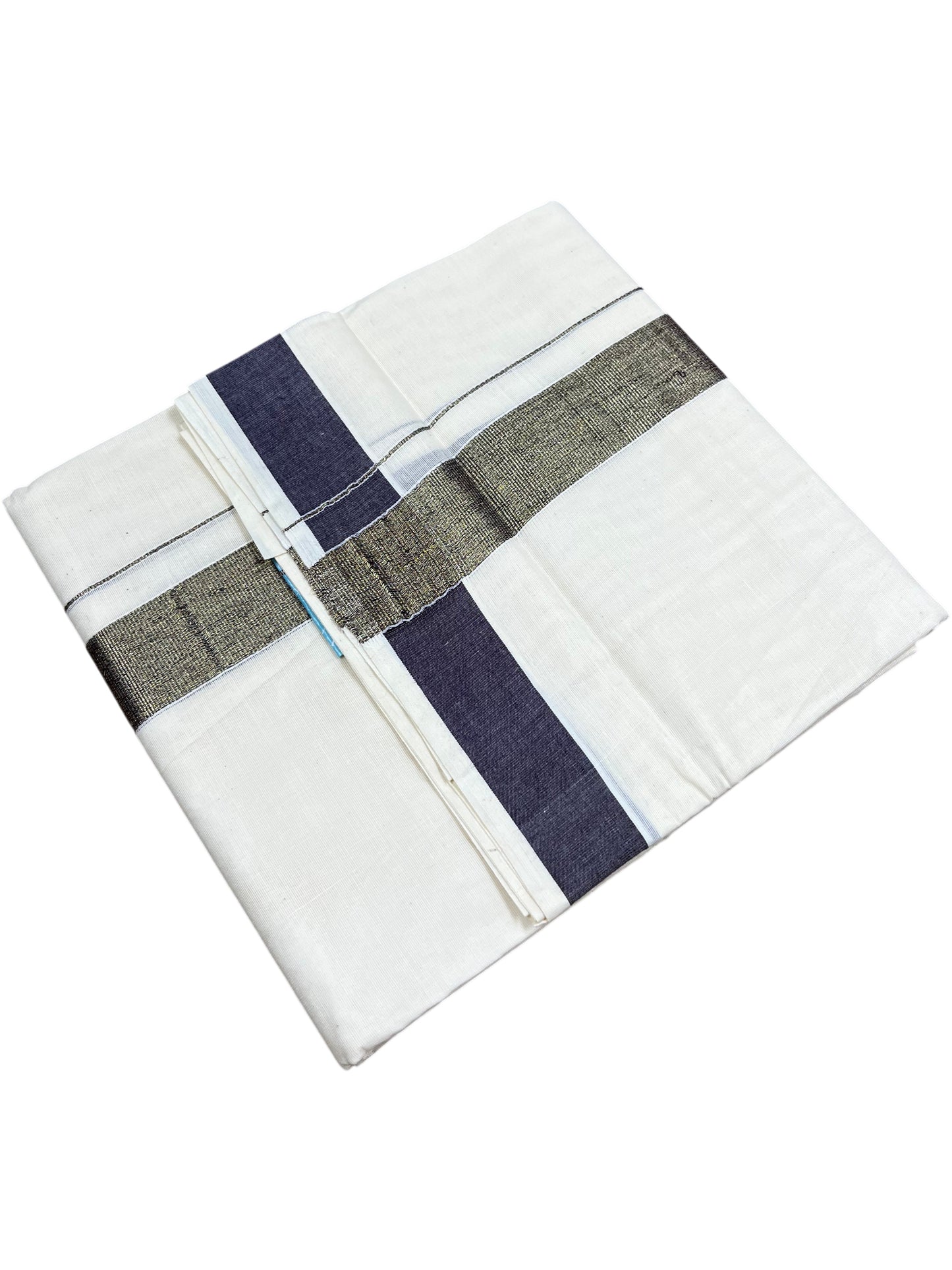 Southloom Kerala Pure Cotton Double Mundu with Dark Purple Border (South Indian Dhoti)