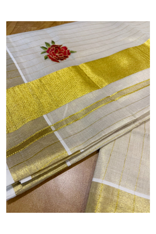 Southloom Kerala Tissue Kasavu Lines Saree with Maroon Floral Embroidery Works