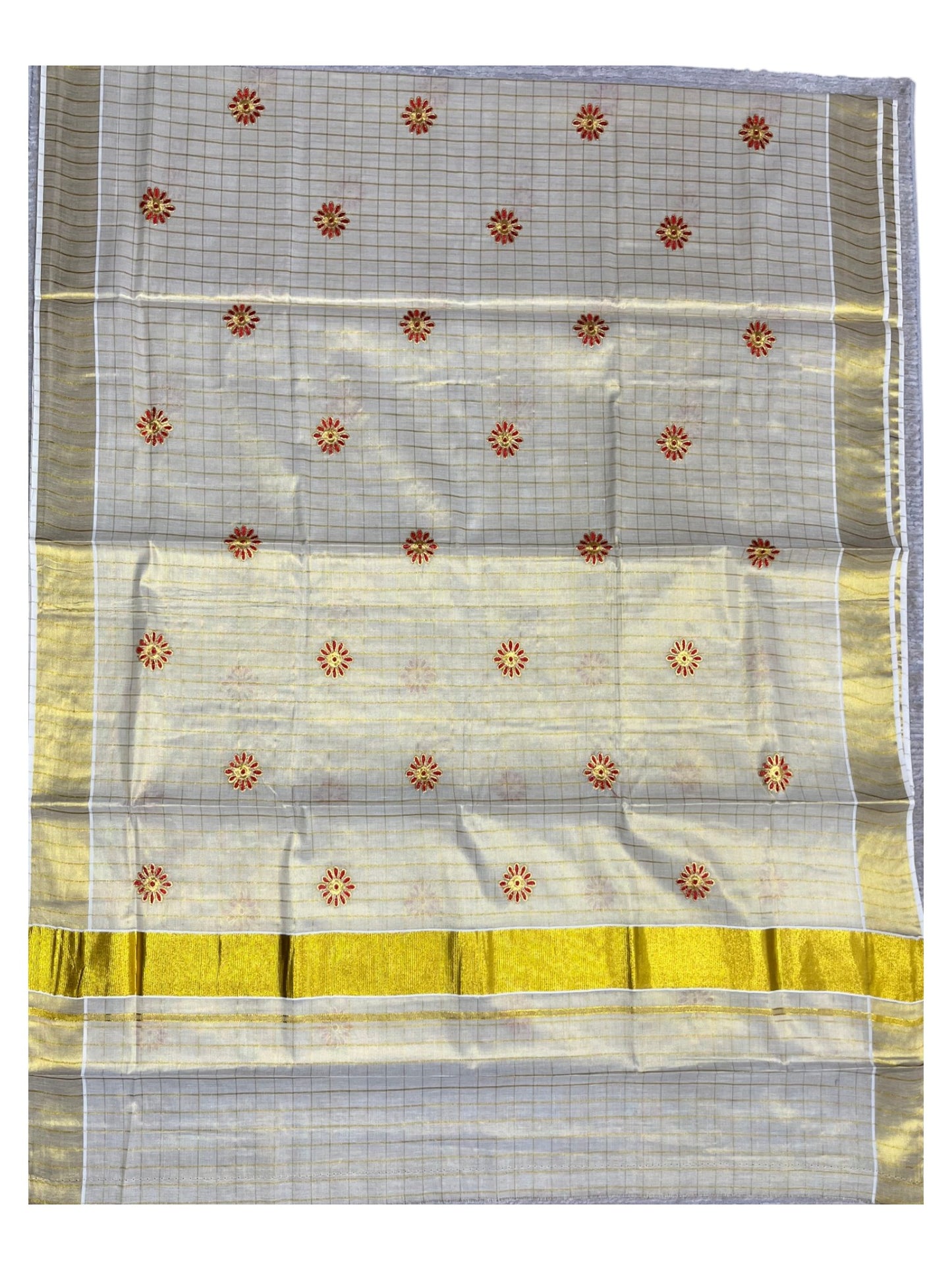 Southloom Kerala Tissue Kasavu Check Saree with Red and Gold Floral Embroidery Design on Body