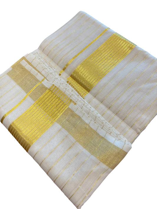 Southloom Premium Handloom Cotton Gold Kasavu Double Mundu with Stripes on Body