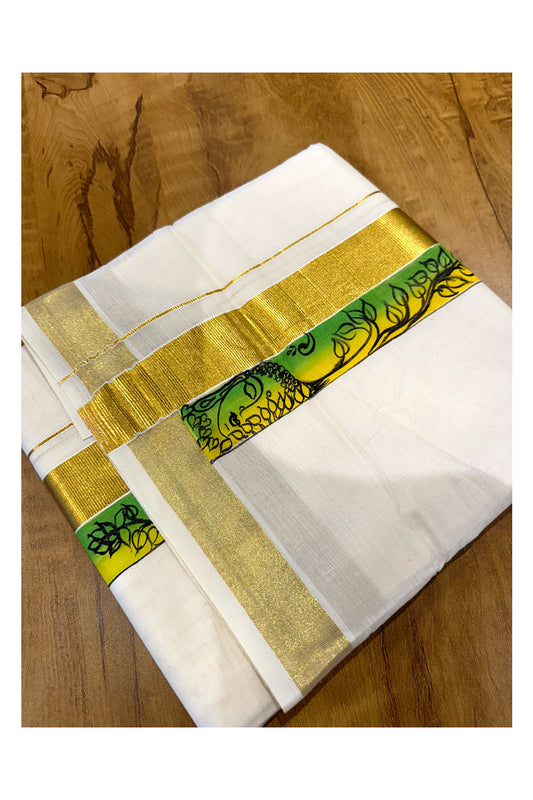 Kerala Pure Cotton Double Mundu with Mural Painted Design on Kasavu Border (South Indian Kerala Dhoti)