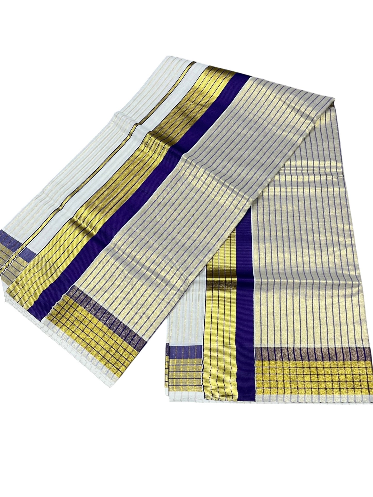Southloom Kerala Pure Cotton Saree with Stripes on Body and Borders in Violet