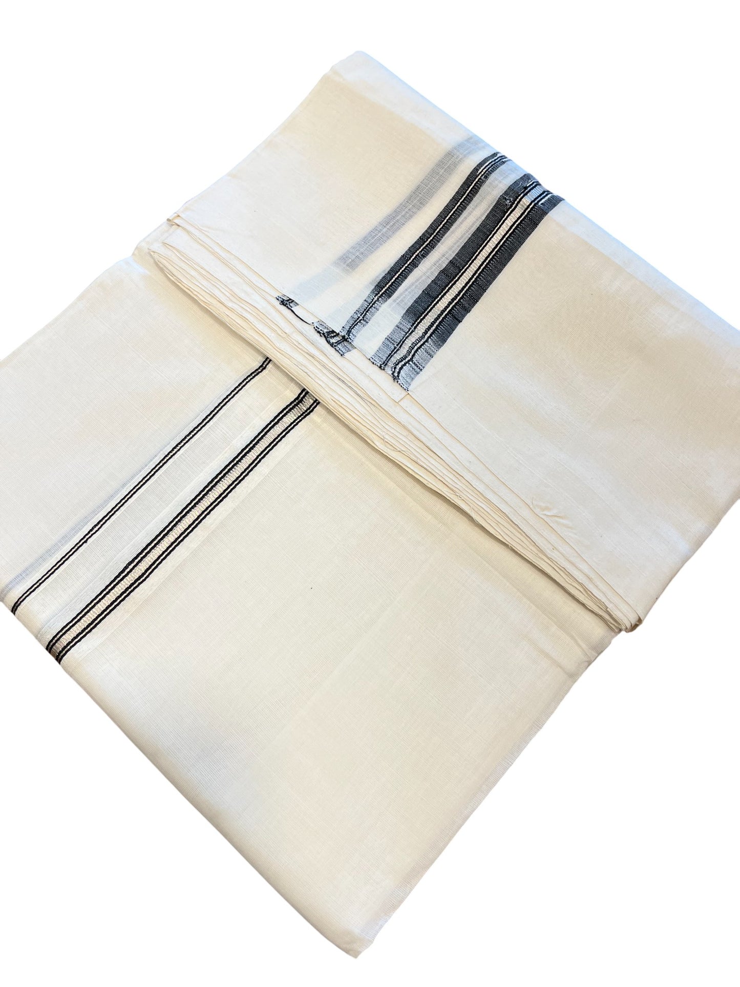 Southloom Premium Handloom Cotton Double Mundu with Silver and Black Chutti Kara Border