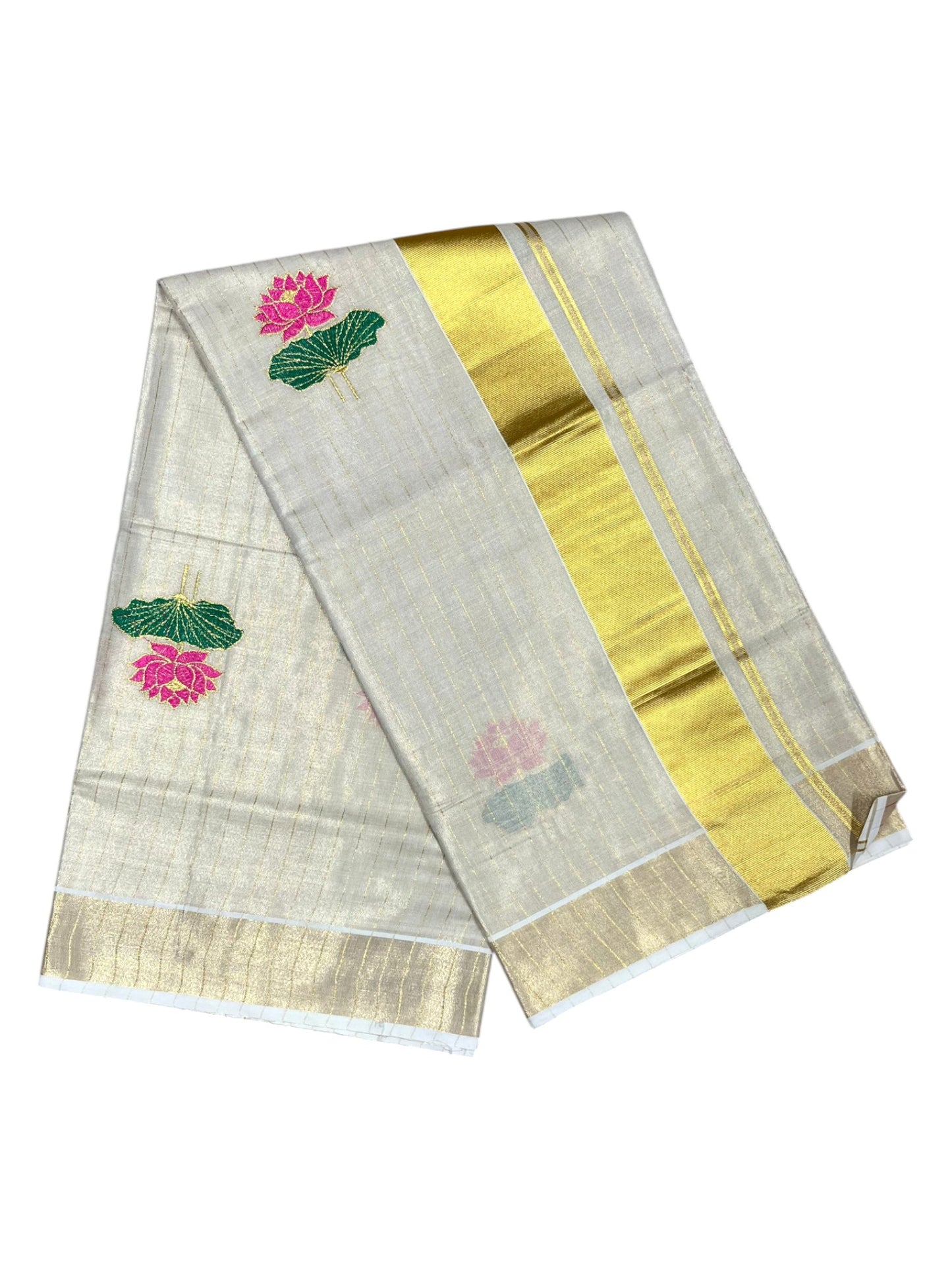 Southloom Kerala Tissue Kasavu  Saree with Pink And Green Lotus Embroidary Works on Body
