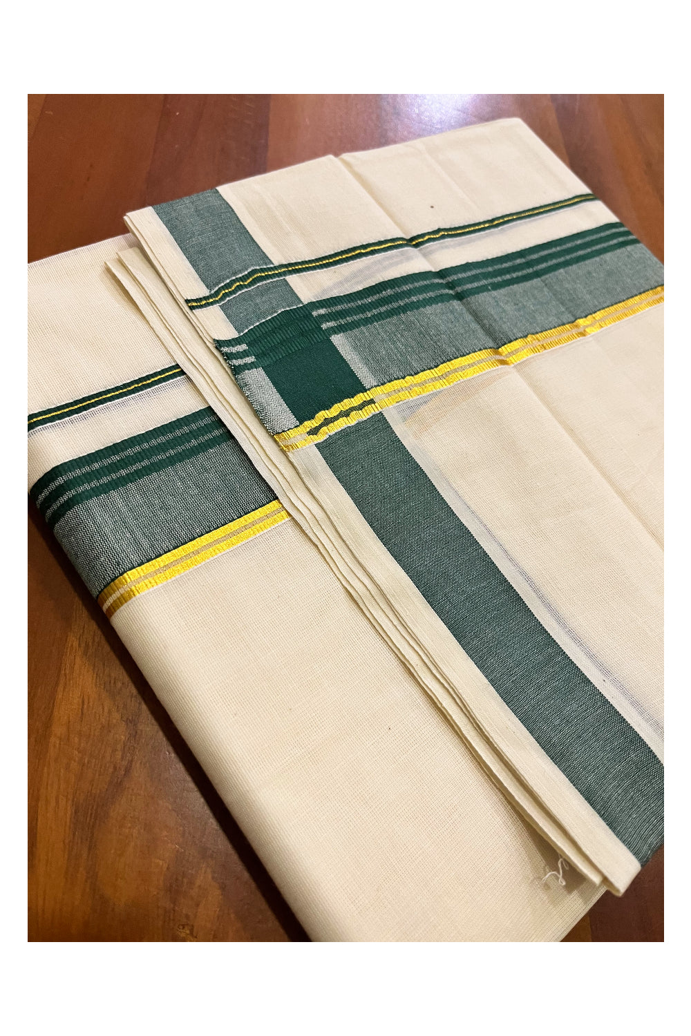 Off White Kerala Cotton Double Mundu with Kasavu and Dark Green Border (South Indian Kerala Dhoti)