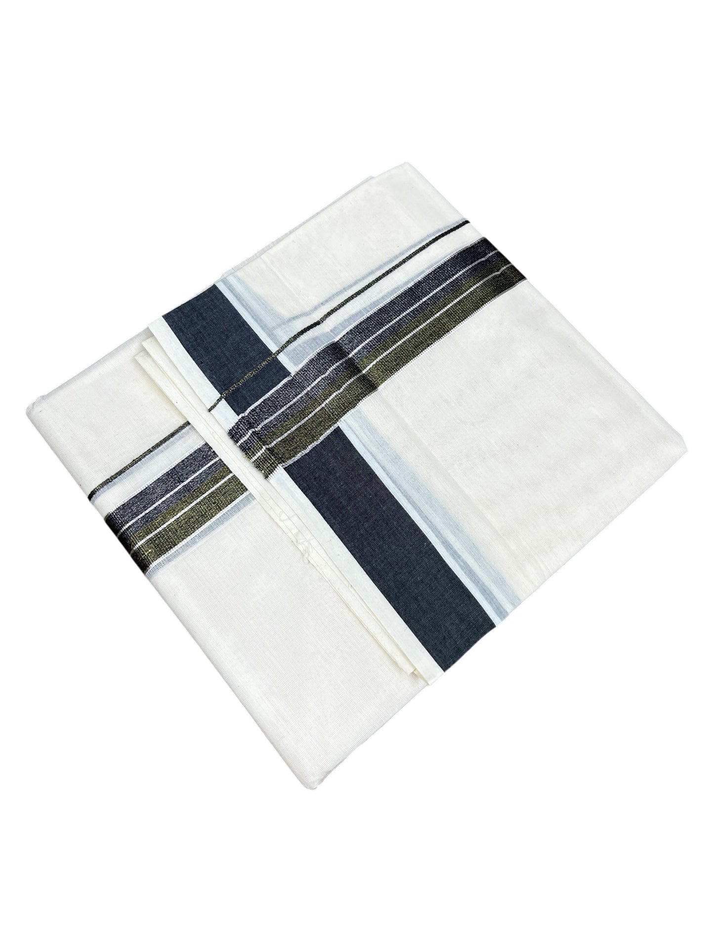 Southloom Pure Cotton Mundu with Silver Lines and Green Border (South Indian Kerala Dhoti)