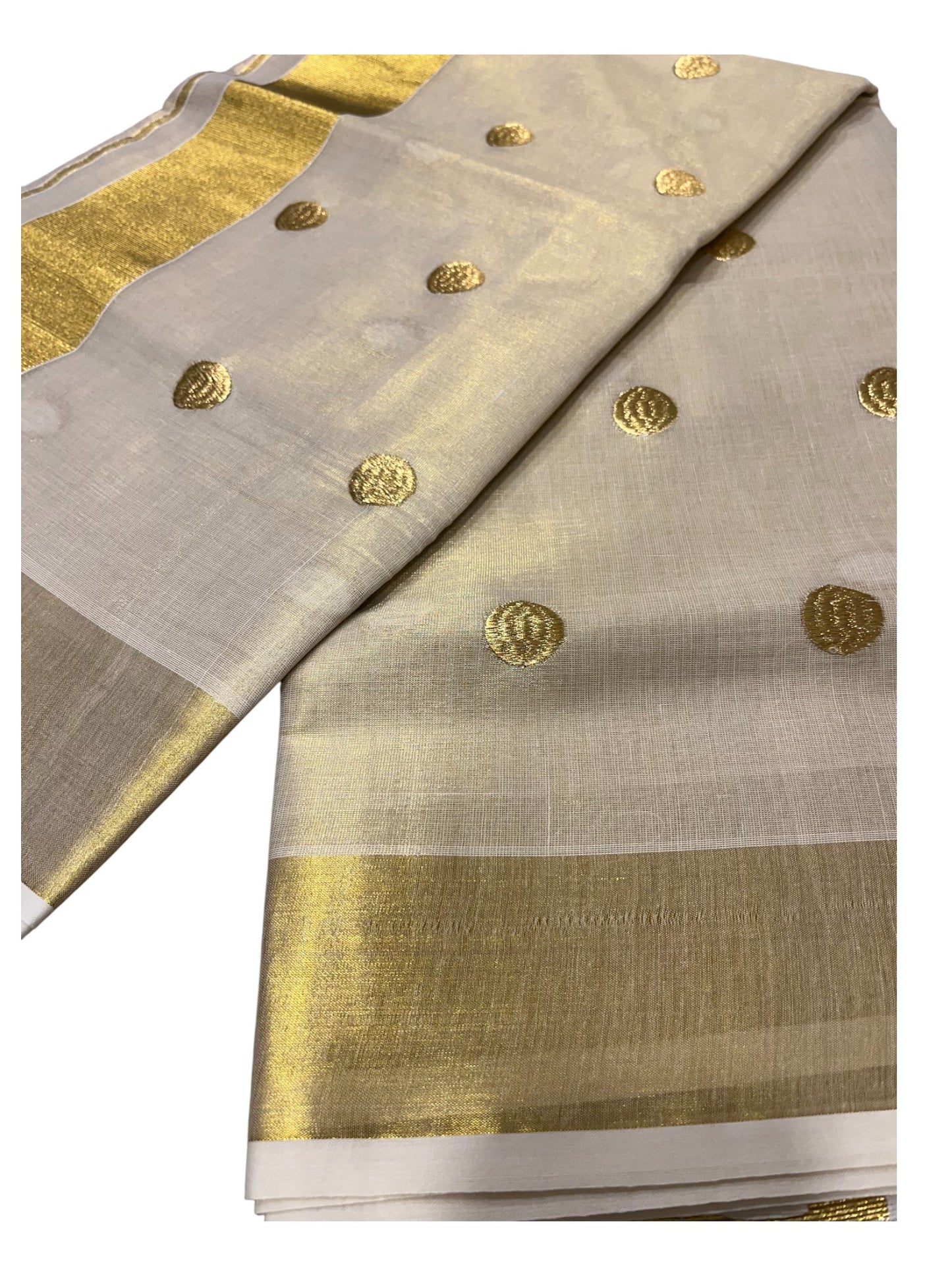 Kerala Tissue Kasavu Plain Saree with Gold Polka with Embroidery Works