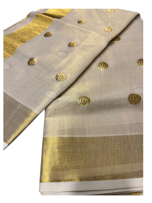Kerala Tissue Kasavu Plain Saree with Gold Polka with Embroidery Works