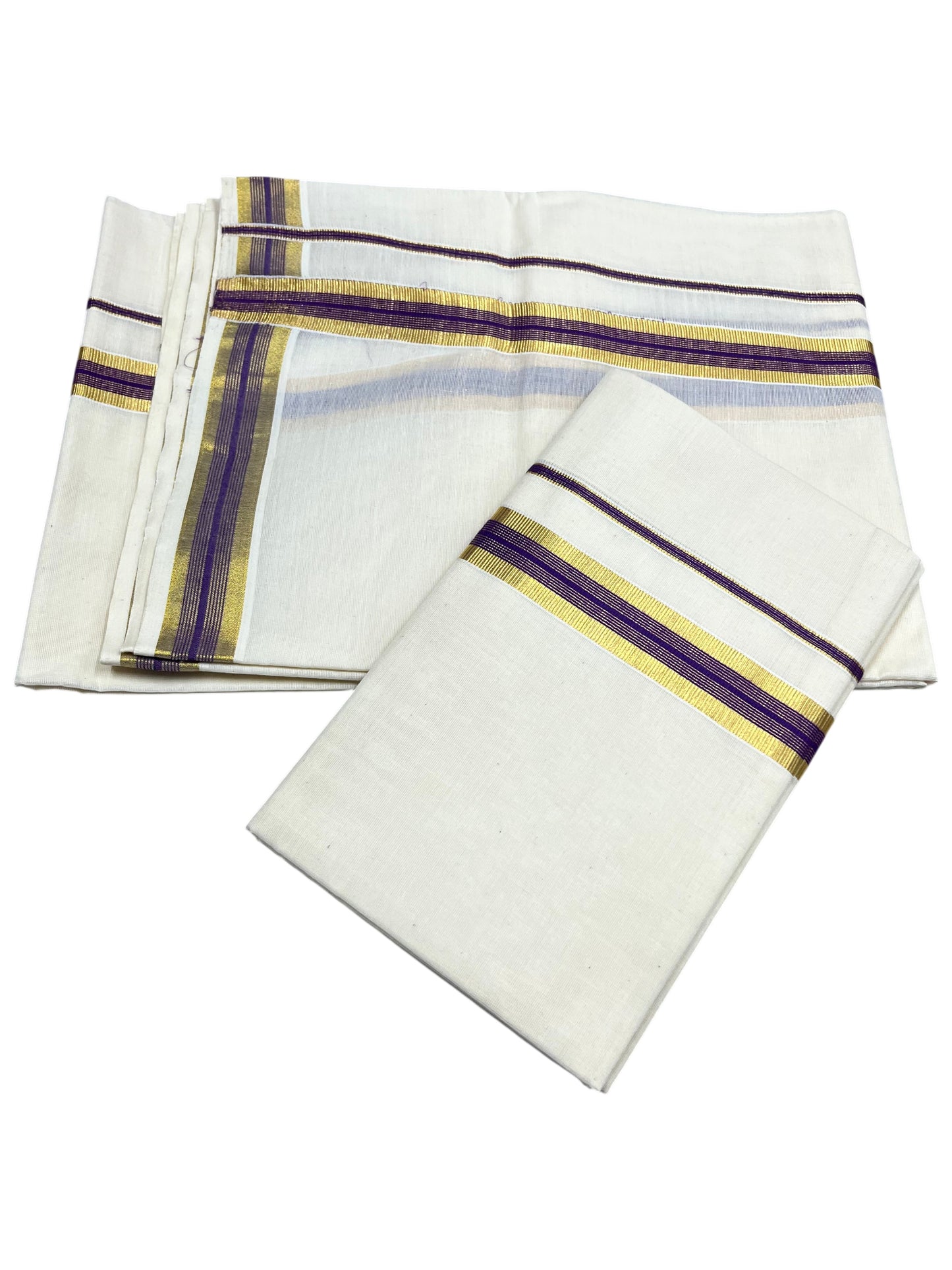 Southloom Pure Cotton Kerala Single Set Mundu (Mundum Neriyathum) with Violet and Kasavu Border 2.80 Mtrs SLKK