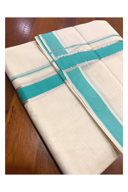 Pure Cotton Double Mundu with Silver Kasavu and Turquoise Kara (South Indian Kerala Dhoti)