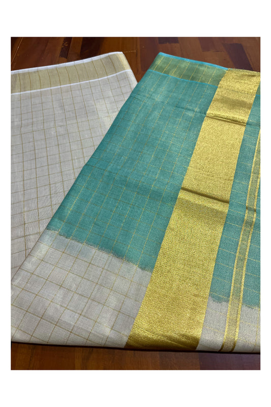 Southloom Tie & Dye - Half & Half Green Design Saree with Kasavu Checks Across Body