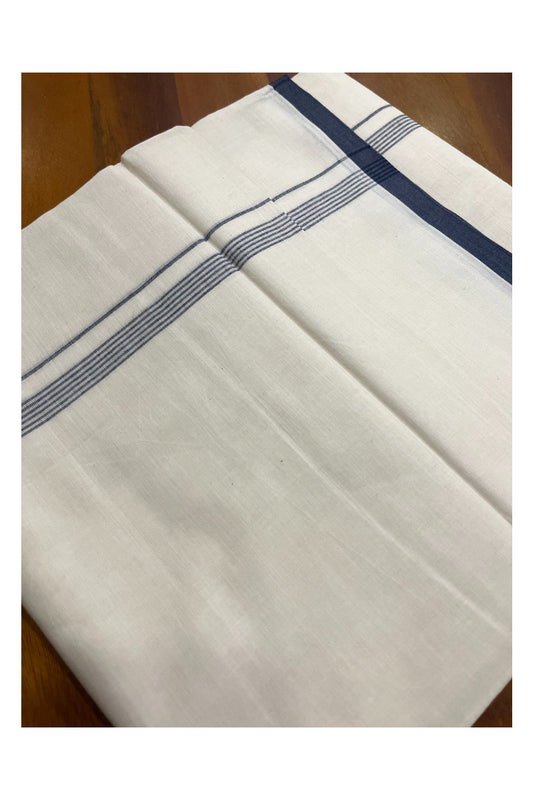 Pure Cotton Off White Double Mundu with Navy Blue Border (South Indian Kerala Dhoti)
