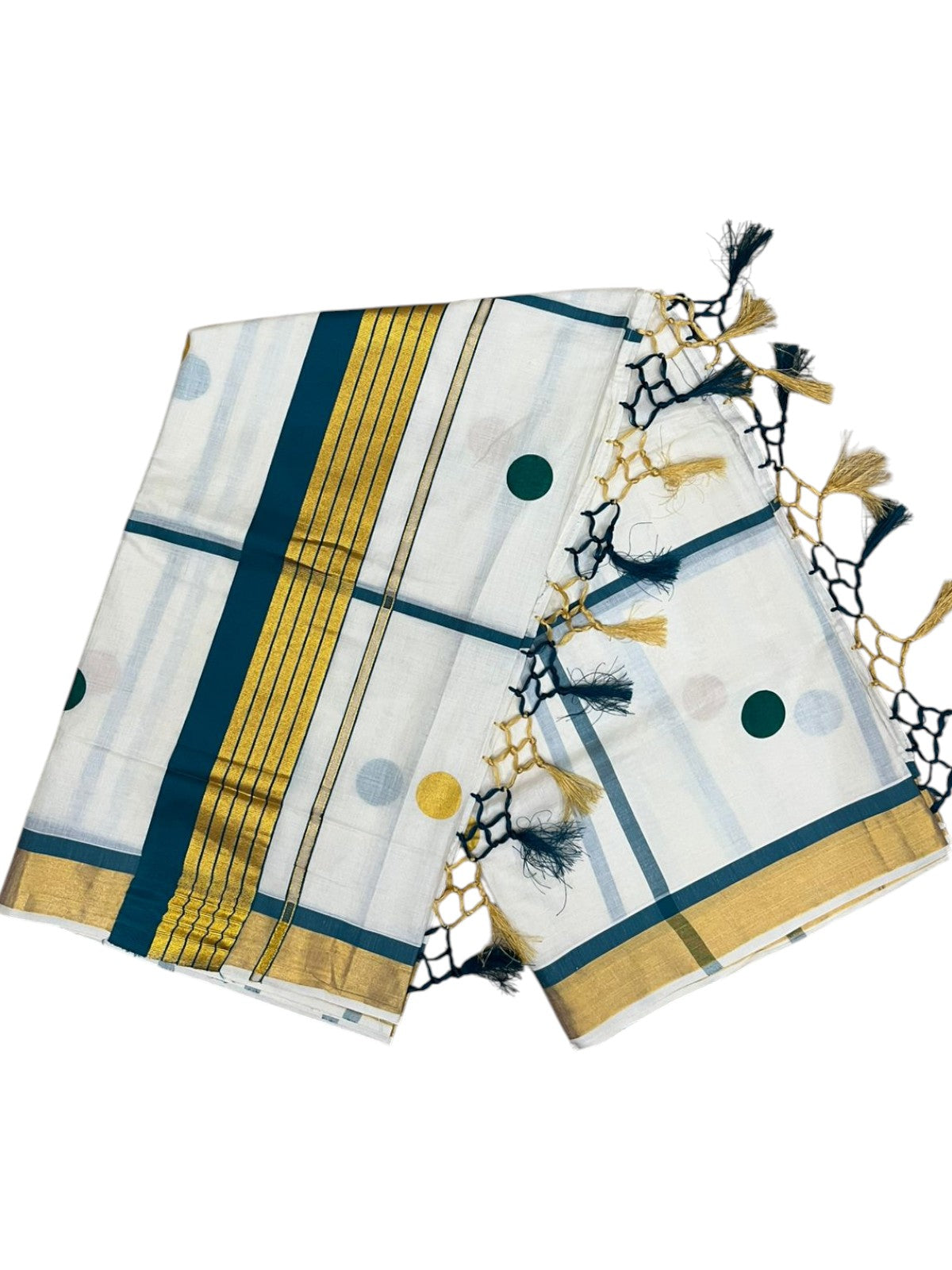 Southloom Kerala Cotton Kasavu Saree with Peacock Green & Gold Polka Works on Body