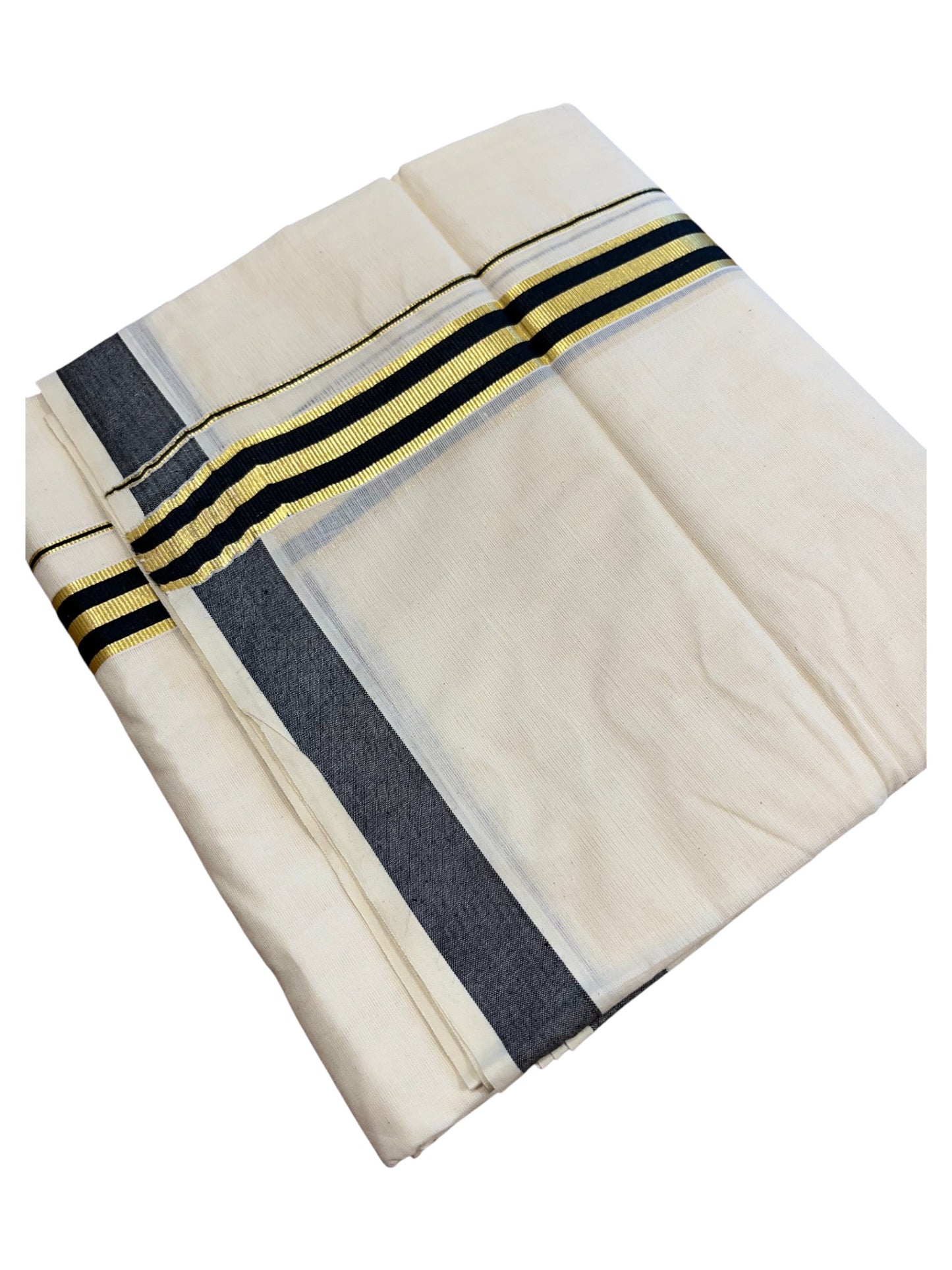 Southloom Pure Cotton  Double Mundu With Gold Kasavu & Black Border (South Indian Kerala Dhoti)