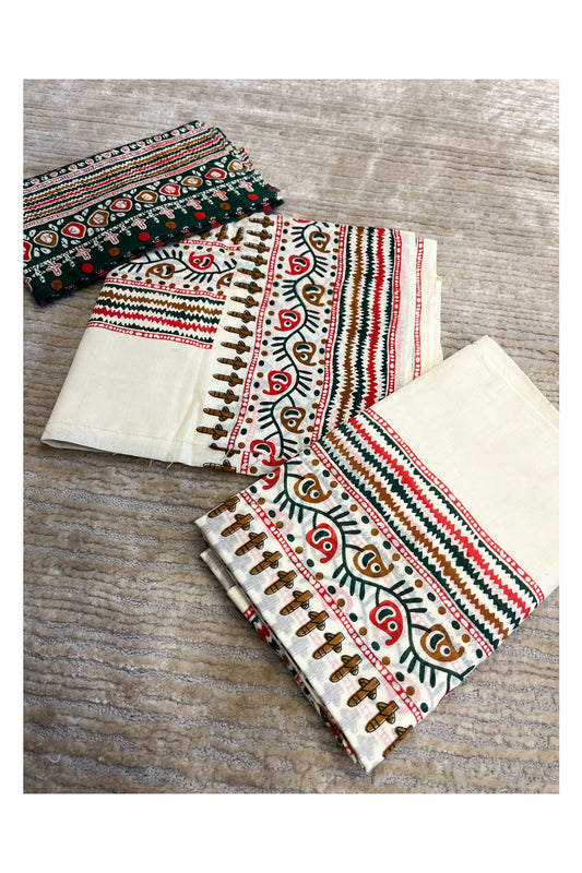 Southloom Pure Cotton Mulloth Set Mundu with Warly Print (Green Printed Blouse Piece)