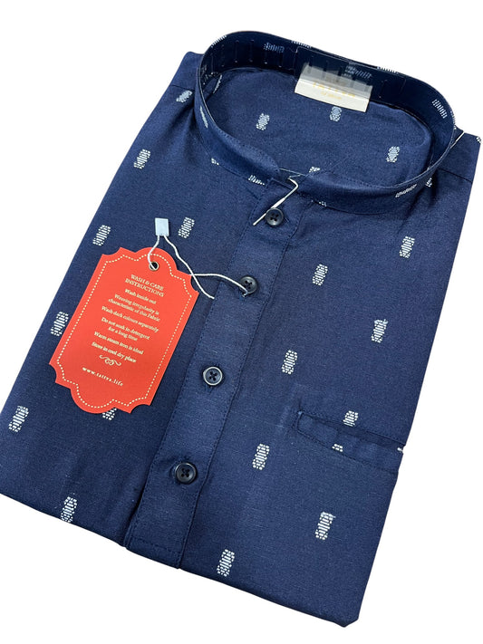 Southloom Blue Woven Patterns Semi Silk Short Kurta for Men