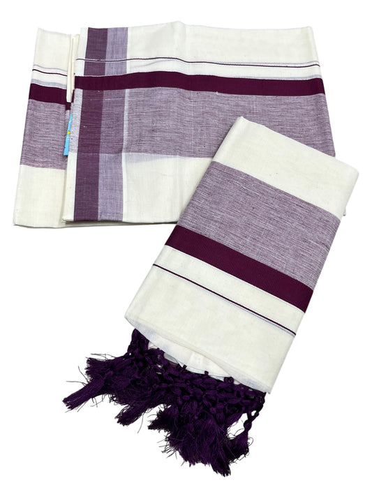 Southloom Kerala Cotton Mundum Neriyathum Single (Set Mundu) with Purple Border 2.80 Mtrs