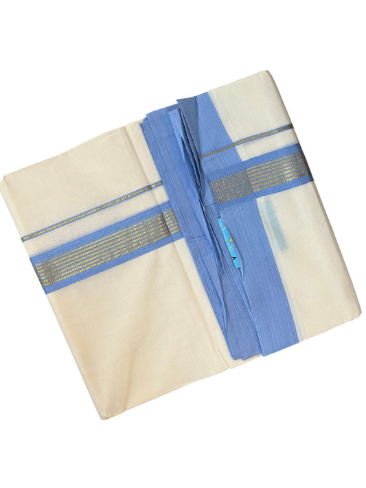 Southloom Pure Cotton Mundu with Golden Lines and Blue Border (South Indian Kerala Dhoti)