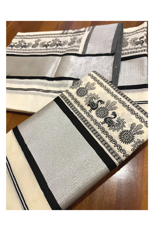 Pure Cotton Kerala Single Set Mundu (Mundum Neriyathum) with Black Block Printed Silver Kasavu Border