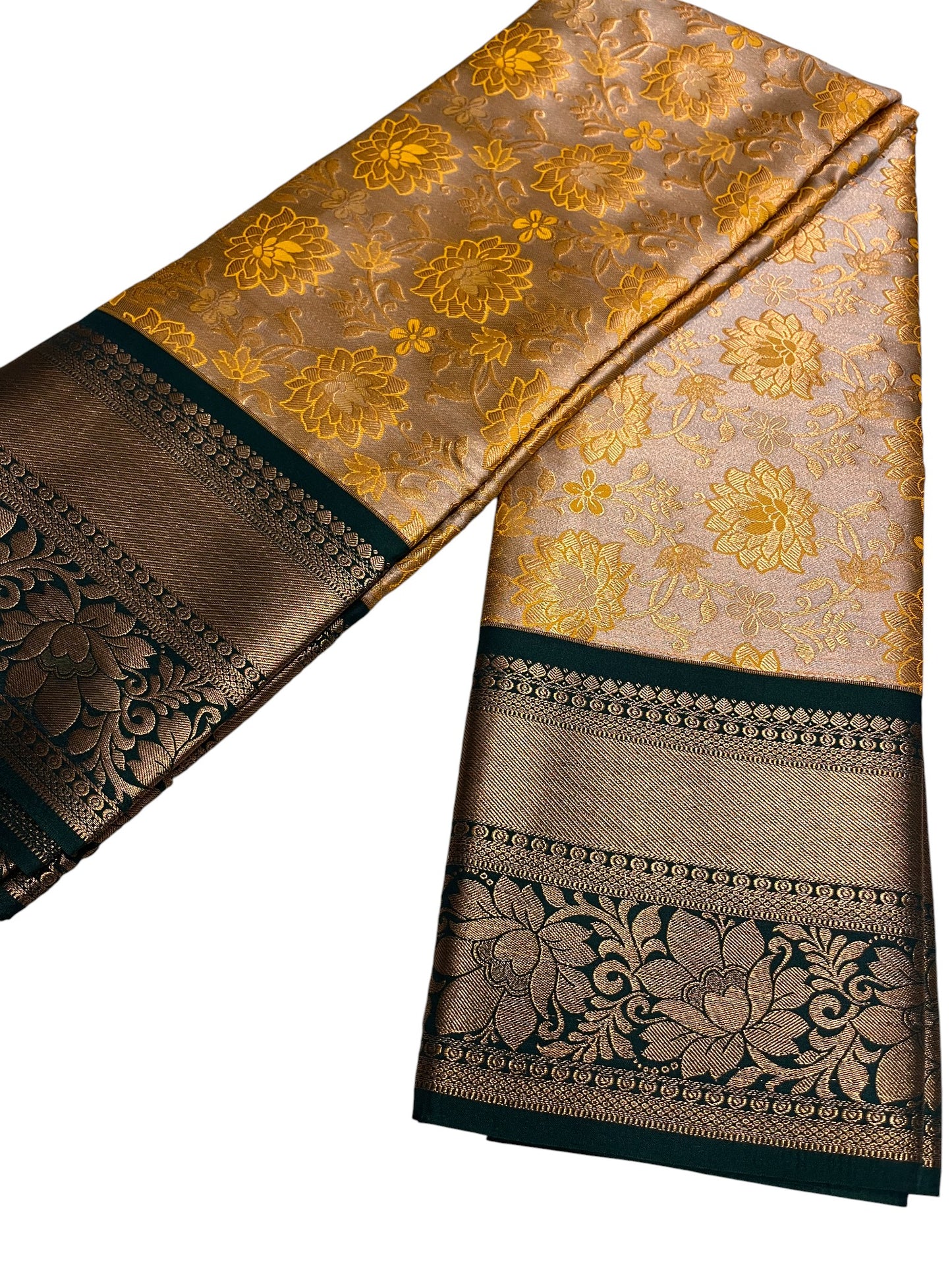 Southloom Banarasi Semi Silk Saree with Floral Zari Work Across Body (Beige & Green)