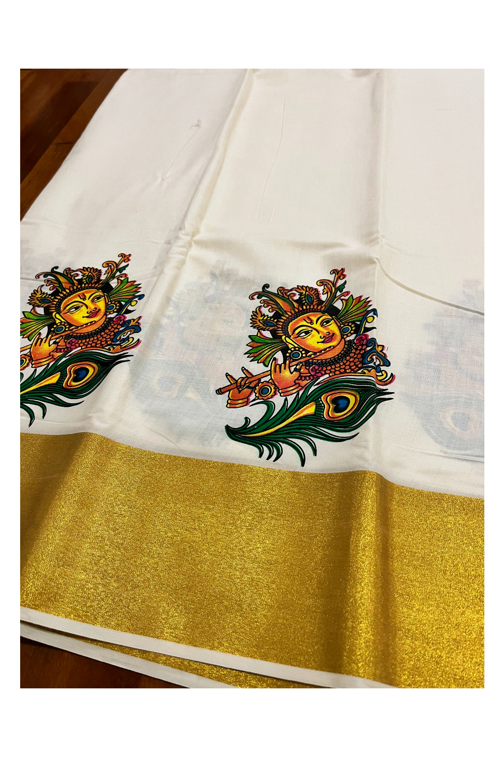 Kerala Pure Cotton Material with Mural Painted Design and Kasavu Border (4 meters)