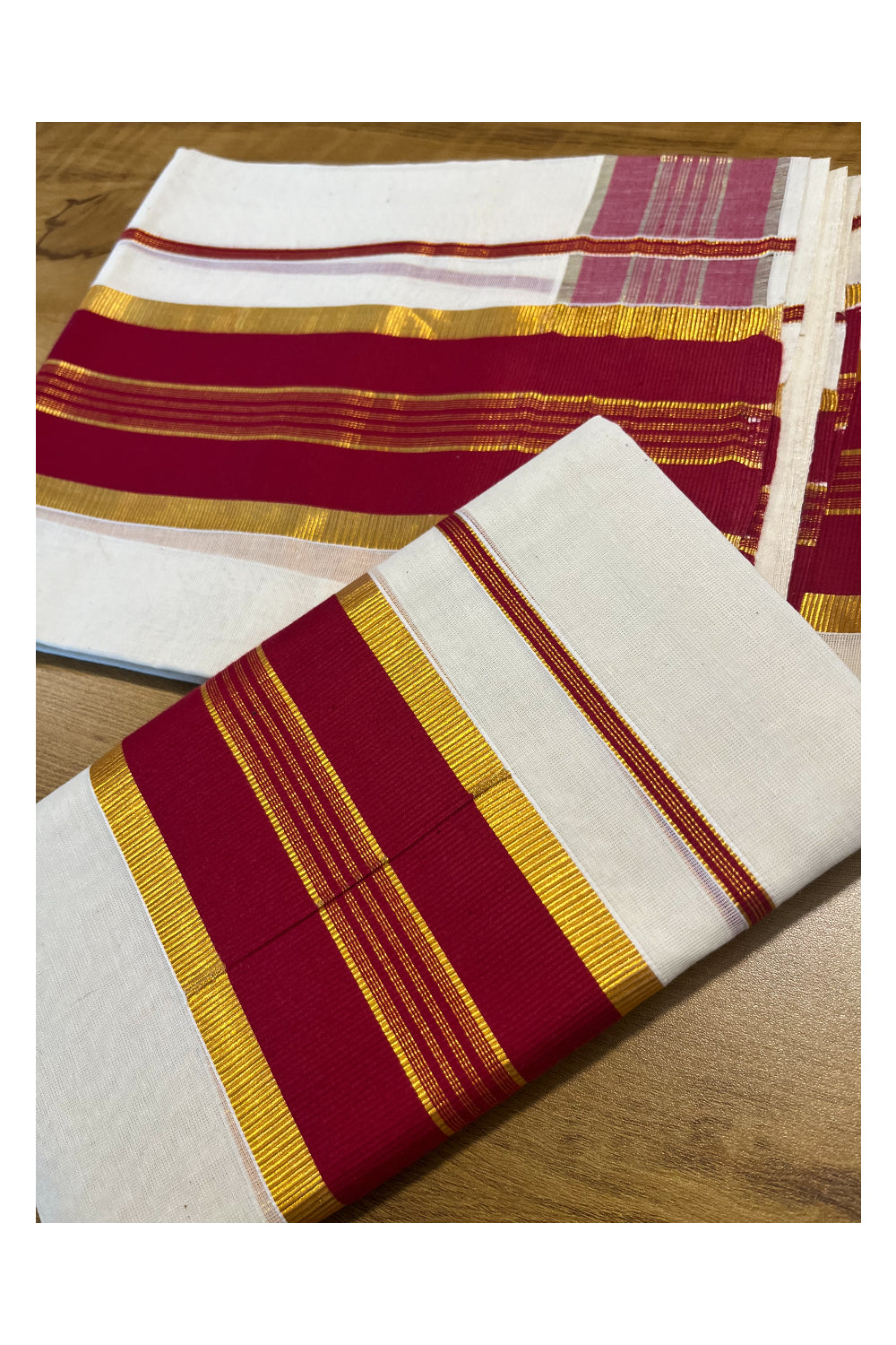 Kerala Cotton Set Mundu (Mundum Neriyathum) with Kasavu and Dark Red Border