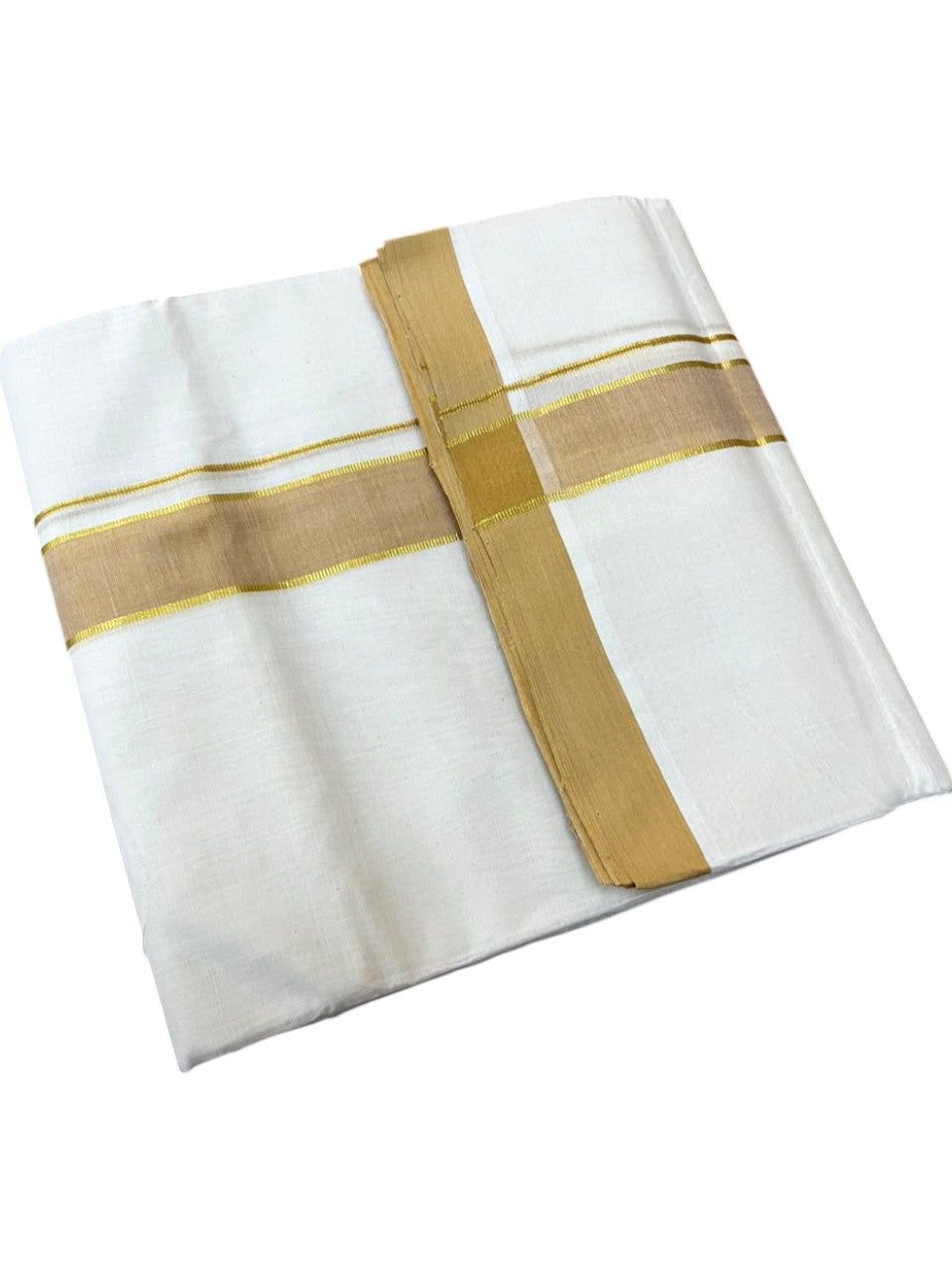 Southloom Balaramapuram Unakkupaavu Premium Handloom Cotton Double Mundu with Gold Kasavu and Mustard Yellow Border