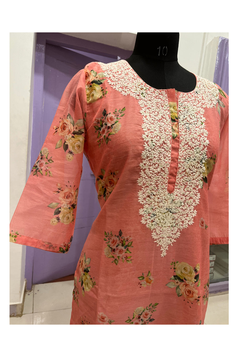 Southloom Stitched Semi Silk Salwar Set in Peach Floral Prints