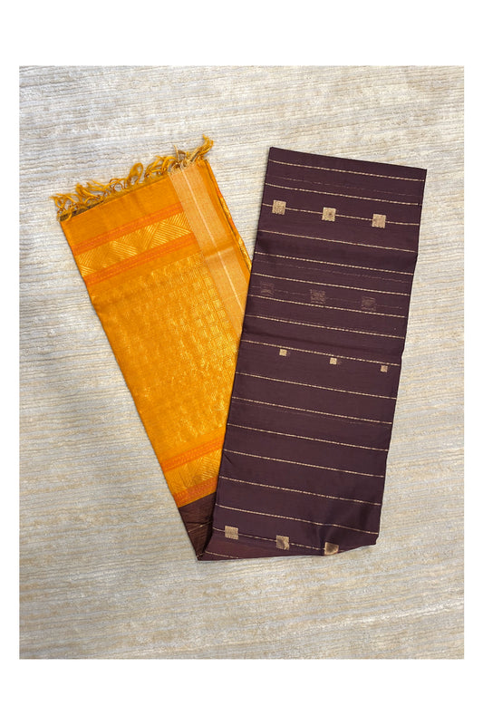 Southloom Pure Handloom Cotton Silk Saree With Handwoven Work Across Body and Blouse in Brown And Yellow