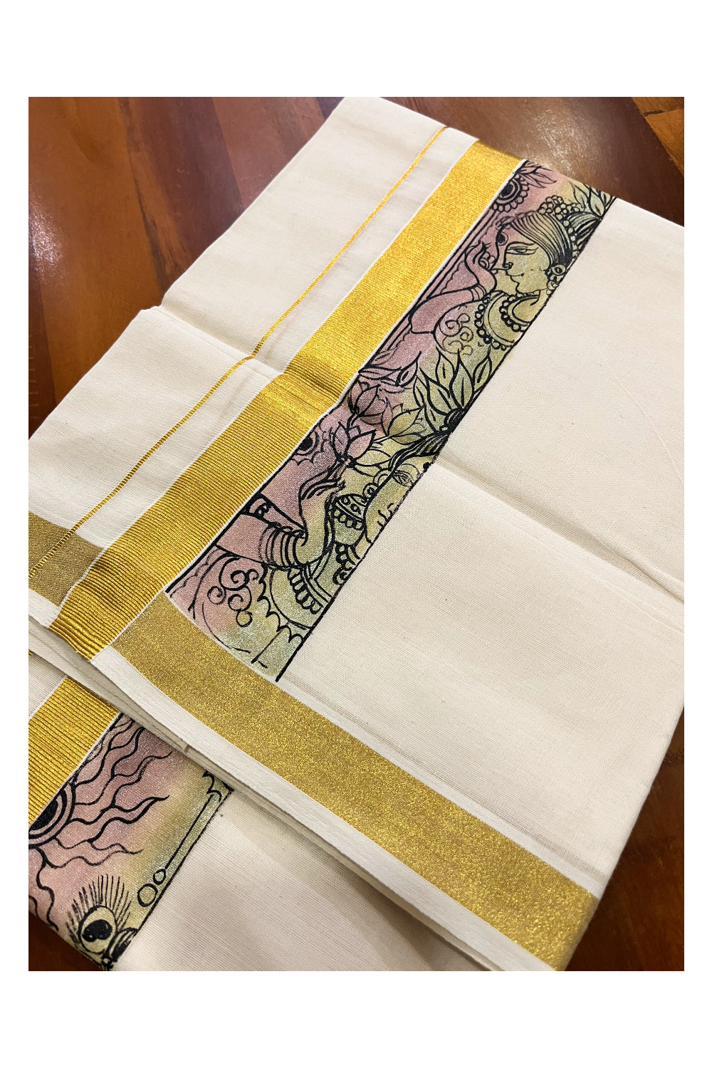 Pure Cotton Kerala Double Mundu with Hand Painted Designs on Kasavu Border (Vishu Collection 2024)