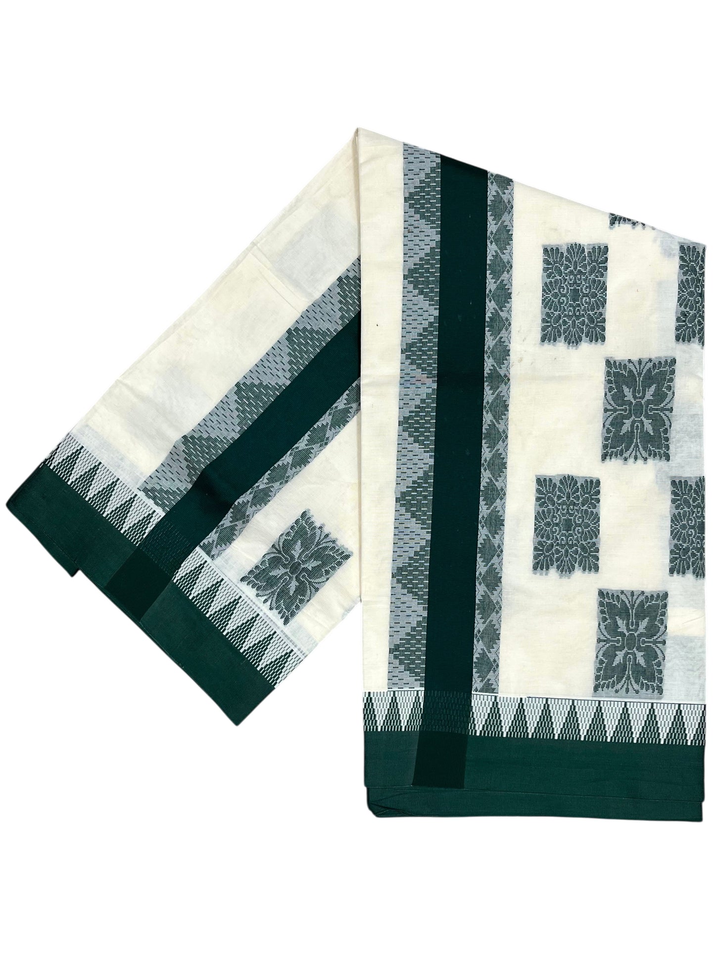 Southloom Pure Cotton Kerala Saree with Green Heavy Woven Designs and Temple Border
