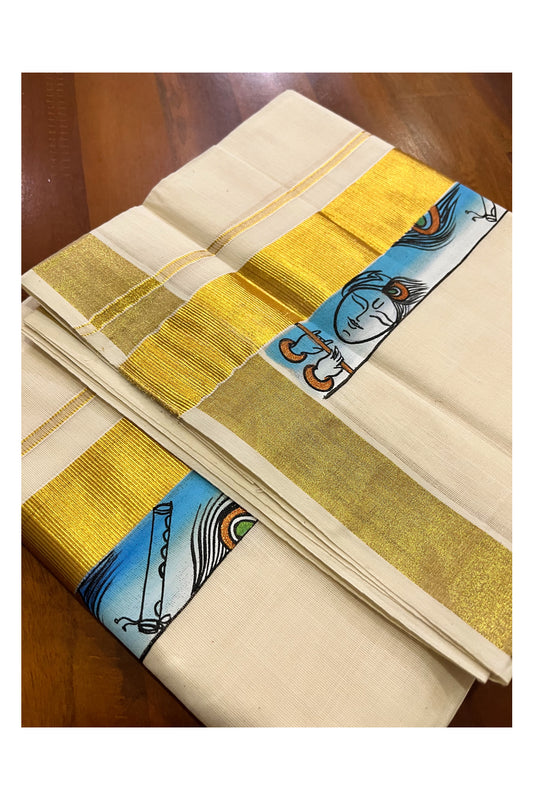 Pure Cotton Kerala Double Mundu with Kasavu Hand Painted Design Border (South Indian Kerala Dhoti)