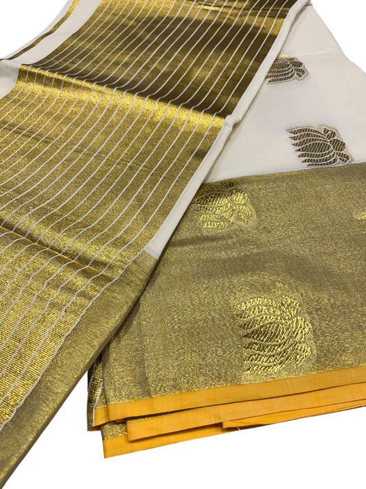 Southloom Kerala Cotton Kasavu Saree with Lotus Woven Work