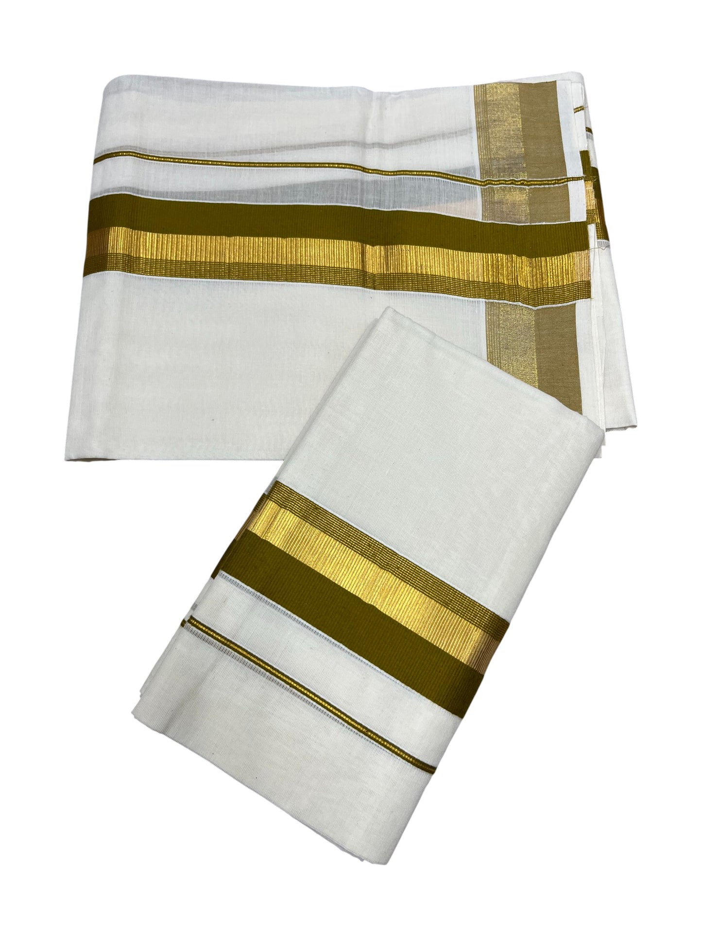 Kerala Cotton Kasavu Set Mundu (Mundum Neriyathum) with Olive Green and Gold Border