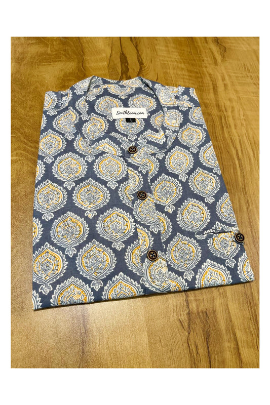 Southloom Grey Short Kurta with White and Yellow Block Prints