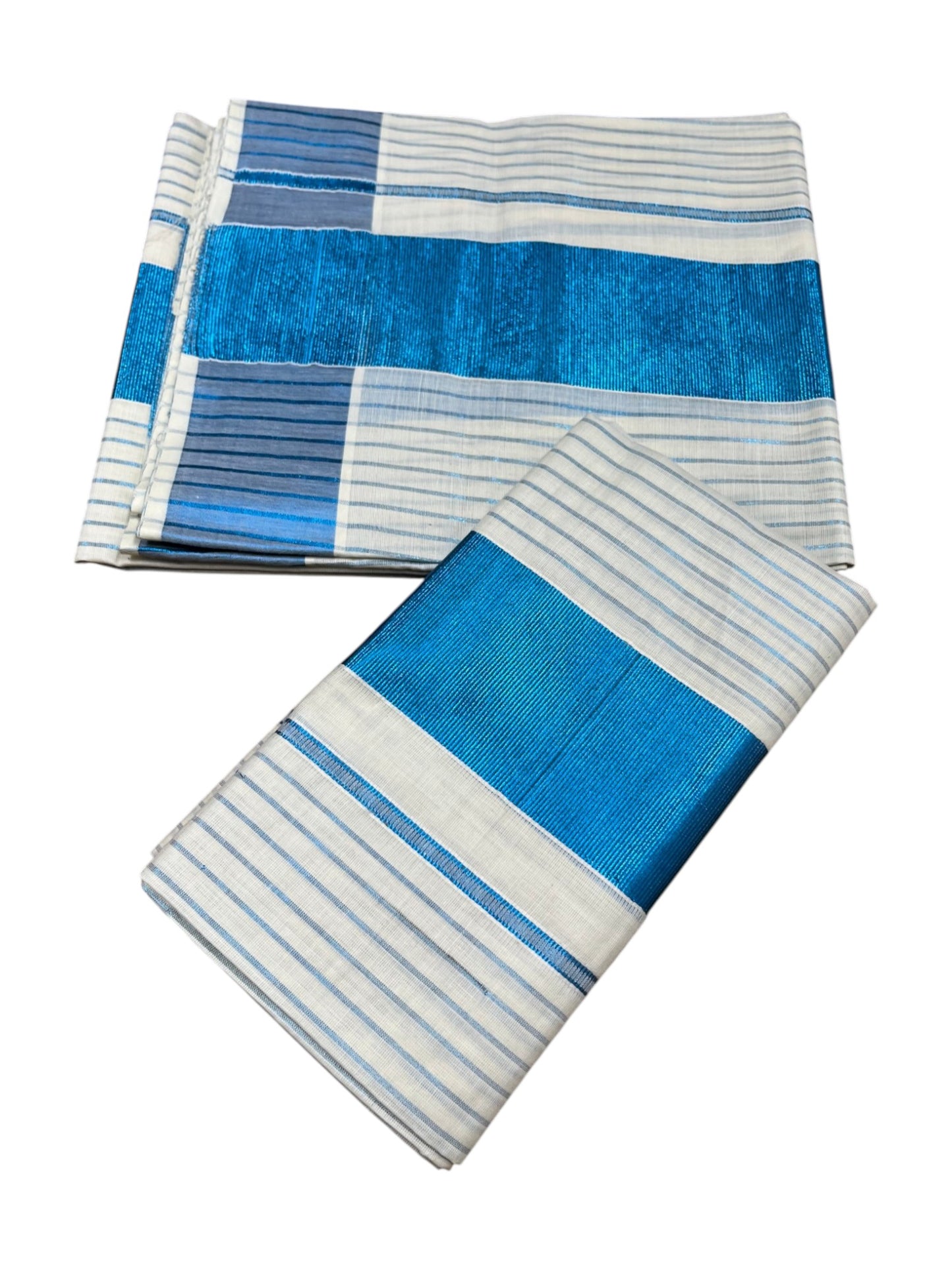 Southloom Kerala Cotton Set Mundu  (Mundum Neriyathum) Blue Kasavu Lines Across Body 2.80 Mtrs