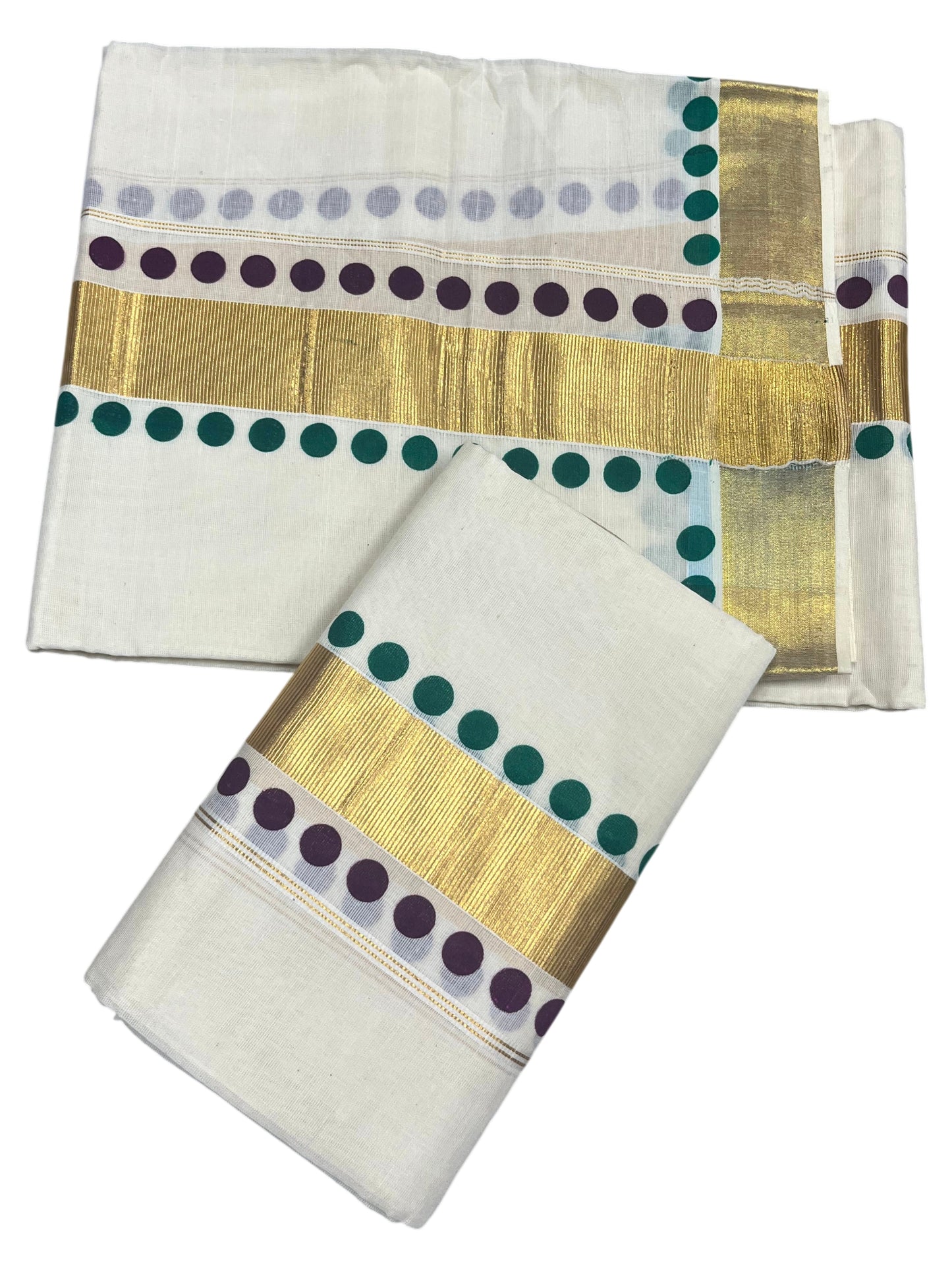 Southloom Kerala Cotton Kasavu Single Set Mundu (Mundum Neriyathum) with Maroon And Green Polka Dots Border SLKK