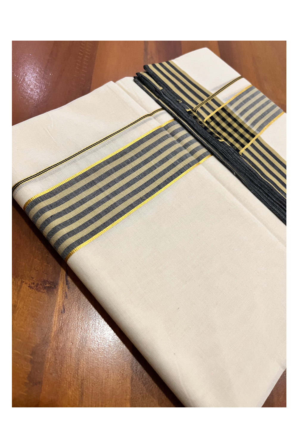 Pure Cotton 100x100 Double Mundu with Kasavu and Black Brown Line Border (South Indian Kerala Dhoti)