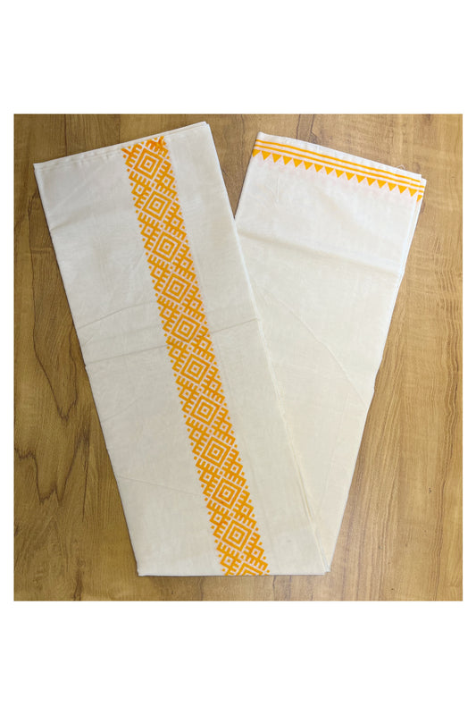 Pure Cotton Off White Double Mundu with Block Prints on Yellow Kara (South Indian Dhoti)