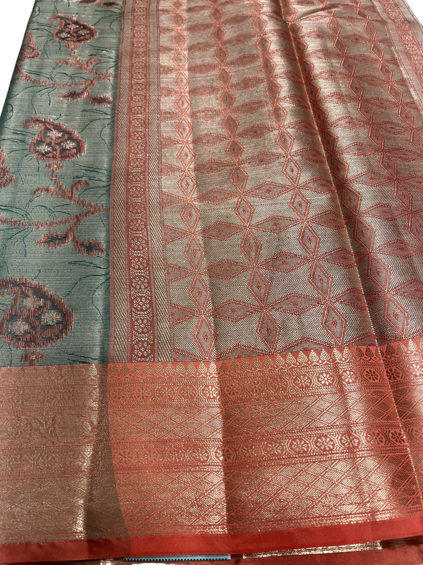 Southloom Tissue Silk Saree with Woven Work on Body and Borders (Peach & Green)