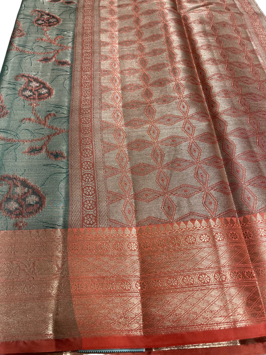 Southloom Tissue Silk Saree with Woven Work on Body and Borders (Peach & Green)