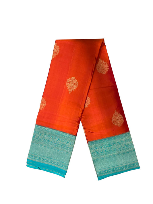 Southloom Premium Bridal Handloom Kanchipuram Silk Saree With Butta Works (Orange & Blue)