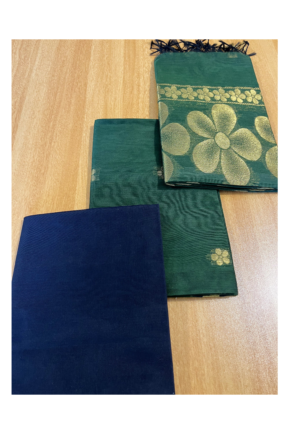 Southloom™ Cotton Semi Silk 3 Piece Green and Blue Salwar Material with Woven Zari Butta Work