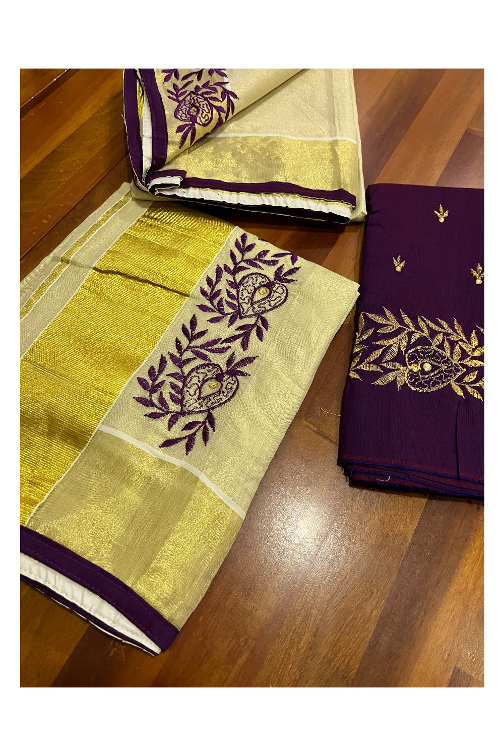 Kerala Tissue Kasavu Set Mundu (Mundum Neriyathum) with Handwork Embroidery Design and Purple Blouse Piece