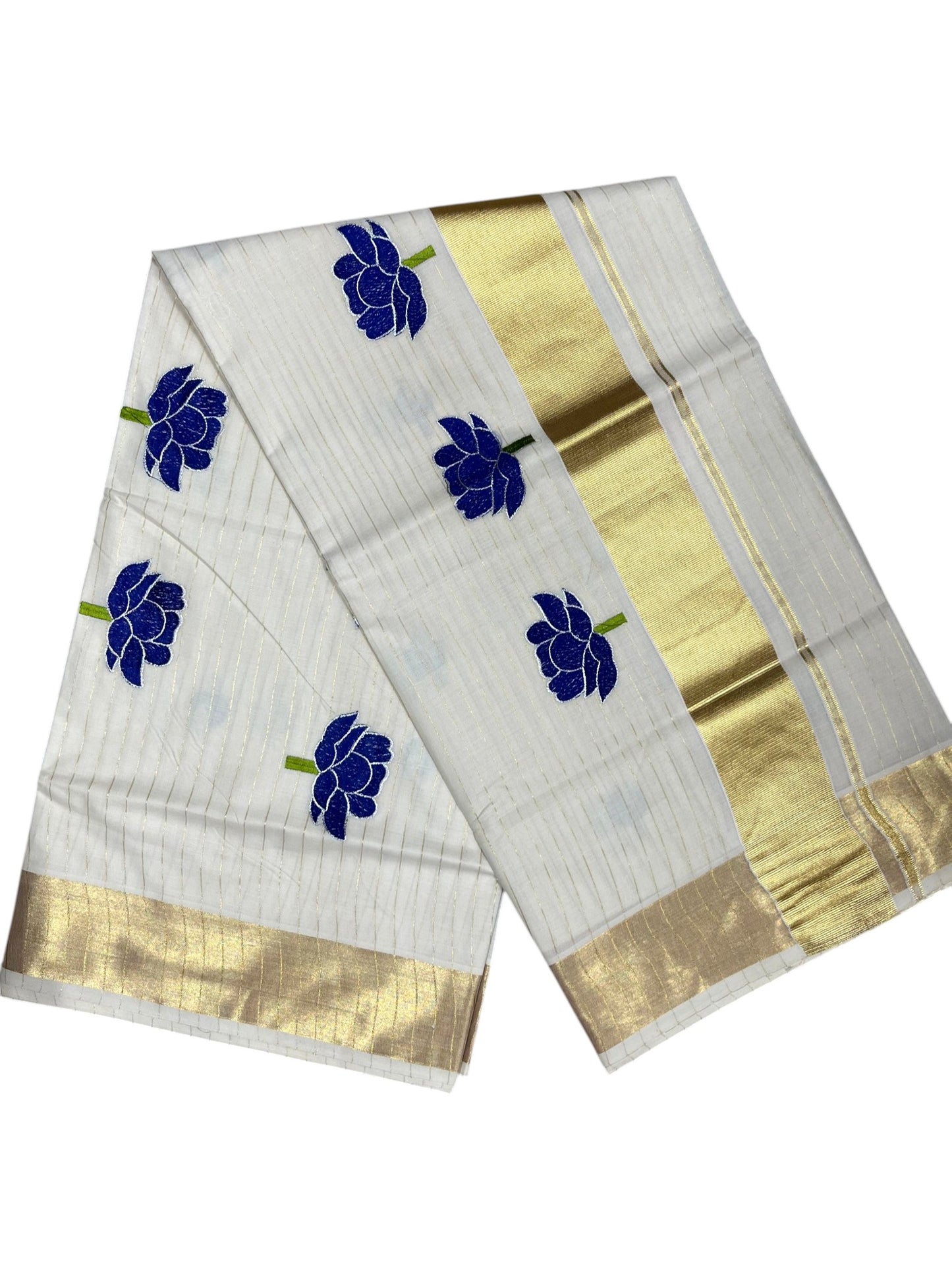 Southloom Kerala Cotton Kasavu Saree with Blue Lotus Embroidery Design
