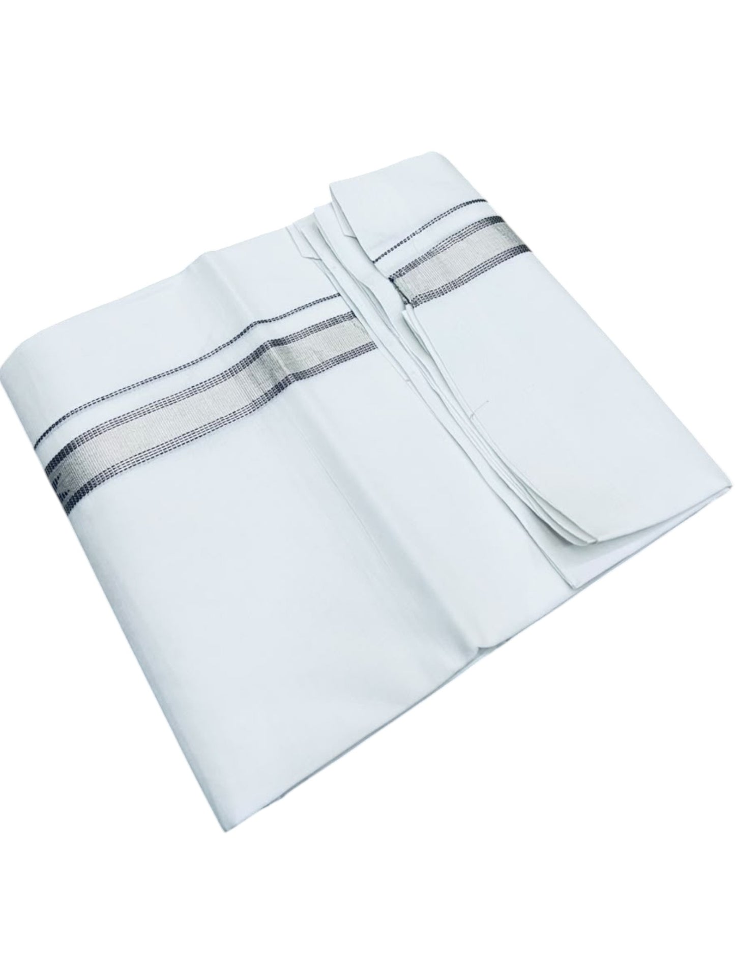 Southloom Pure White Cotton Mundu with Blue & Silver Line Border (South Indian Kerala Dhoti)