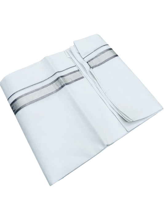 Southloom Pure White Cotton Mundu with Blue & Silver Line Border (South Indian Kerala Dhoti)