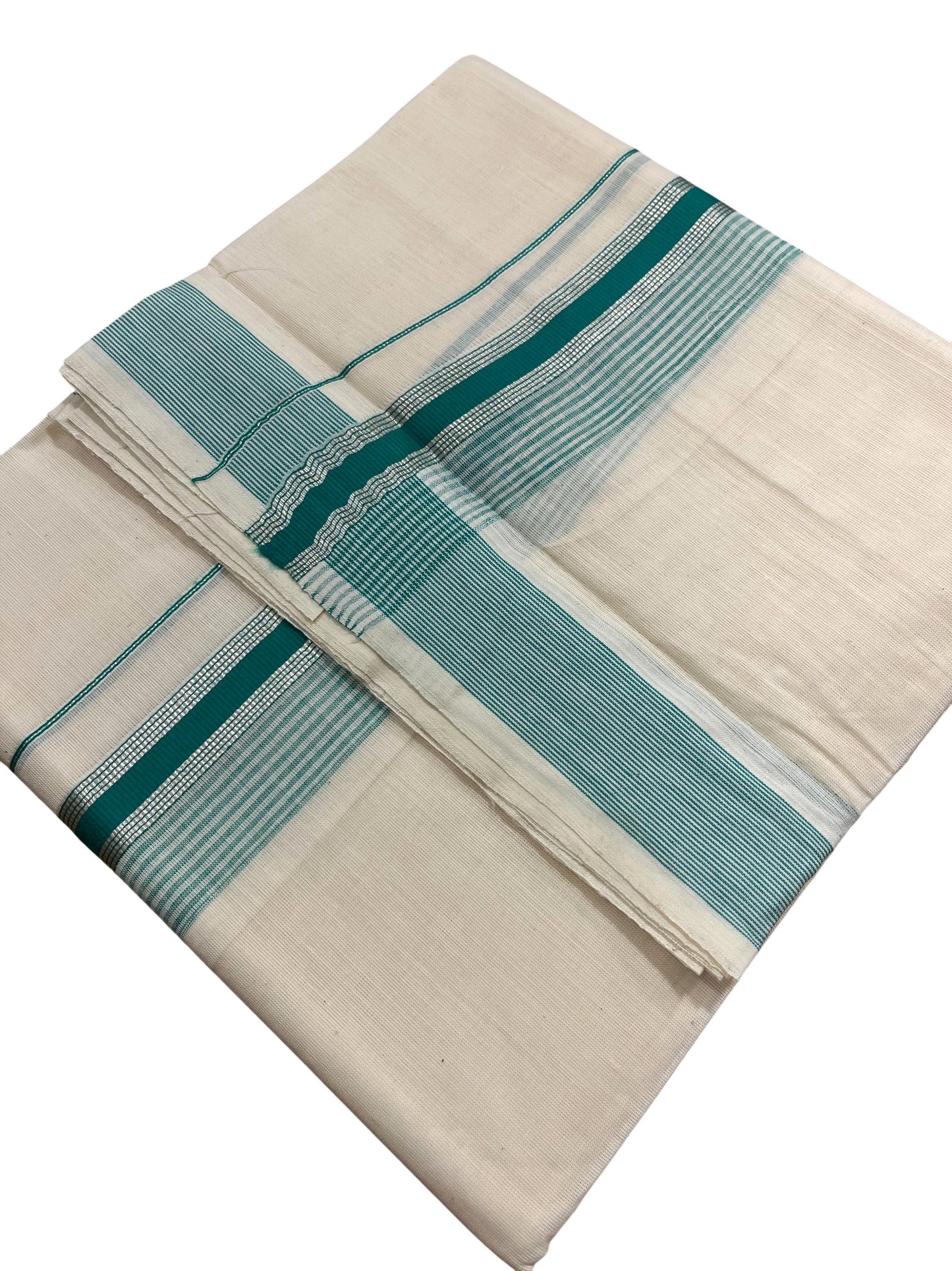 Southloom Kerala Pure Cotton Double Mundu with Silver Lines & Green Border (South Indian Dhoti)